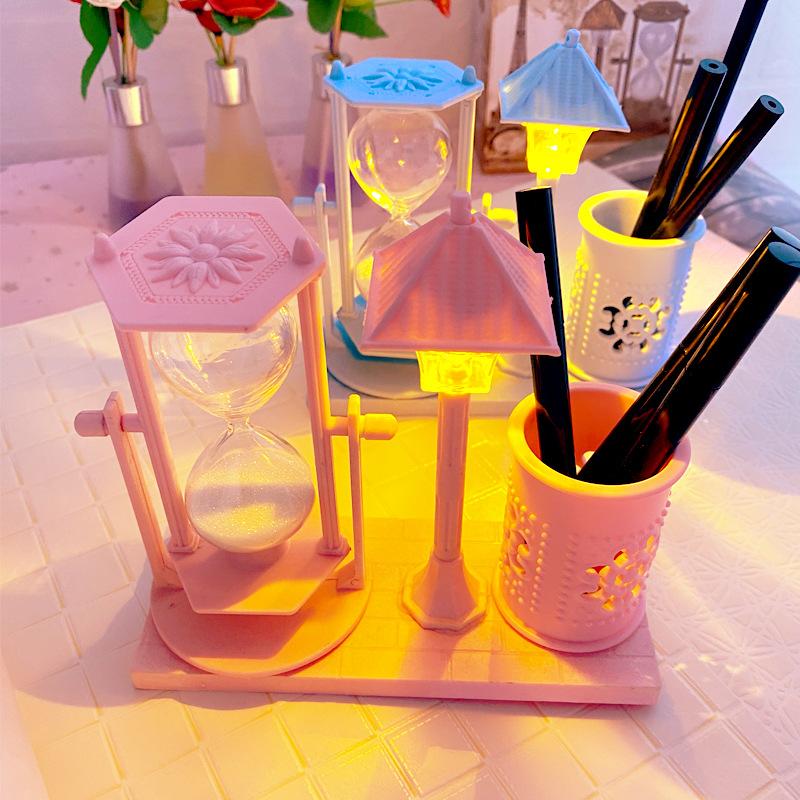 Antique Flow Sand Street Lamp Pen Holder Student Gift White Hourglass Color Changing Small Night Light Ornaments