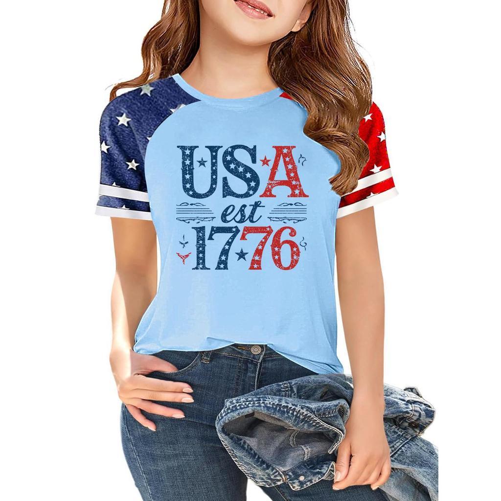 Kids Independence Day Graphic T Shirt Short Sleeve Casual Tee USA Patriotic Print Crew Neck Top for Boys Girls
