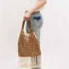 NEU Damen Gewebt Quasten Design Ausgeschnitten Holzperlen Tragetasche Eimer Schultertasche Damen Netzartiges Netzgewebe Strand Handtasche
