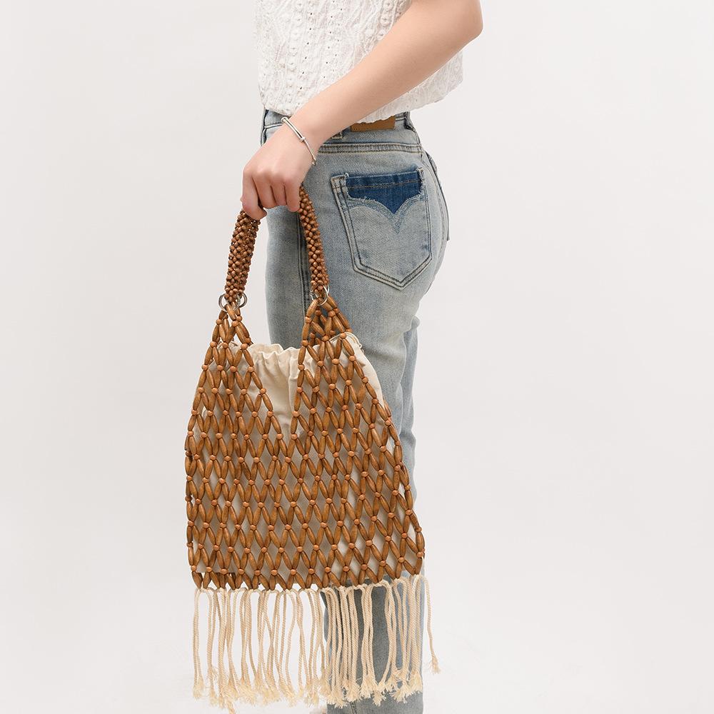 NEU Damen Gewebt Quasten Design Ausgeschnitten Holzperlen Tragetasche Eimer Schultertasche Damen Netzartiges Netzgewebe Strand Handtasche
