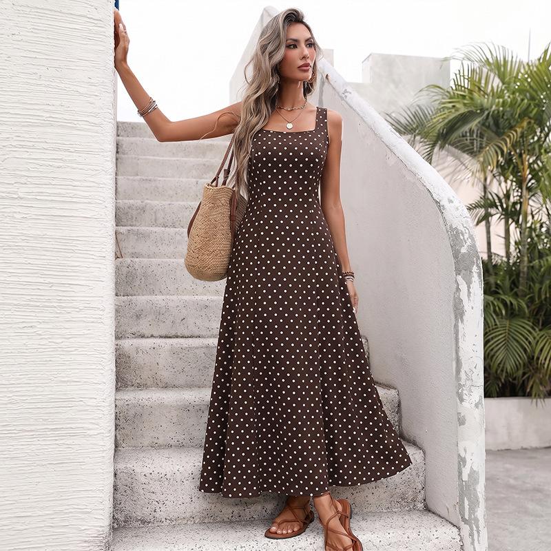 Women's Square Neck Corset A Line Maxi Dress Polka Dot Wide-Strap Dress Flowy Casual Summer Beach Long Tank Dress