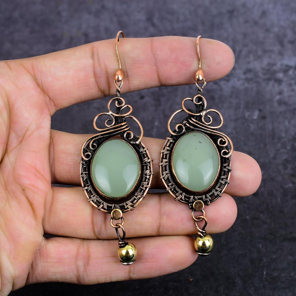 Natural Green Chalcedony Gemstone Copper Wire Wrap Jewelry Earring 3.55" p0p75