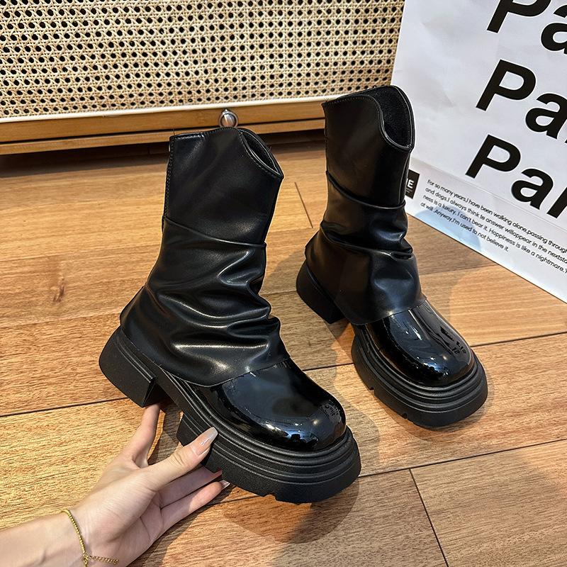 Martin Boots Women's British Style Autumn Popular Autumn and Winter New European and American Thick Bottom Solid Color Round Head Rear Zipper T