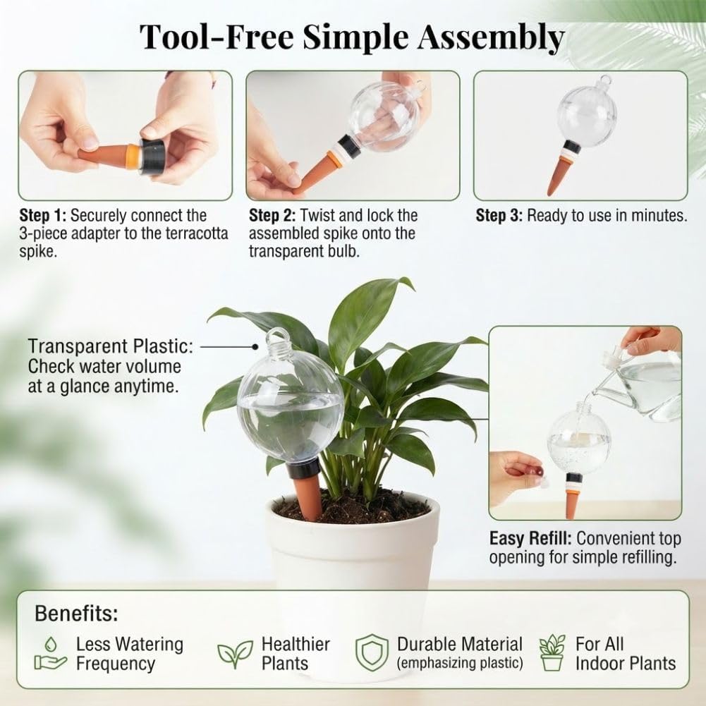 4PCS Self Plant Watering Globes Automatic Waterer with Terracotta Spikes for Vacations Plant Care with Slow Water for Consistent Hydration