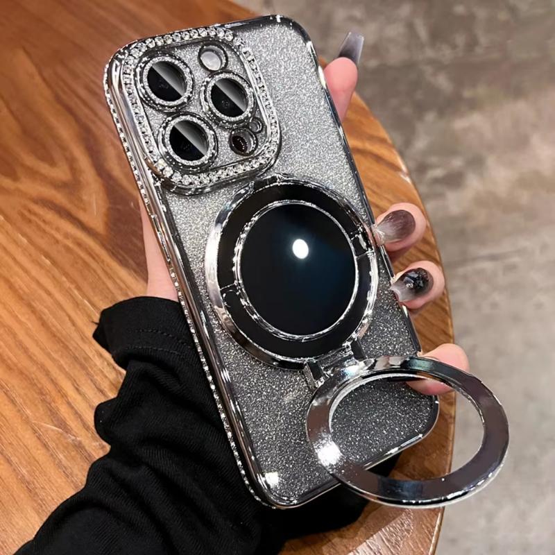 Diamond Glitter For Magsafe Bracket Phone Cases For iPhone 17 16 15 14 13 12 11 Pro Max Air Mirror Magnetic Holder Stand Cover