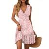 Women's Dress V-neck Sleeveless Casual Floral Print Hem Pleated Dress