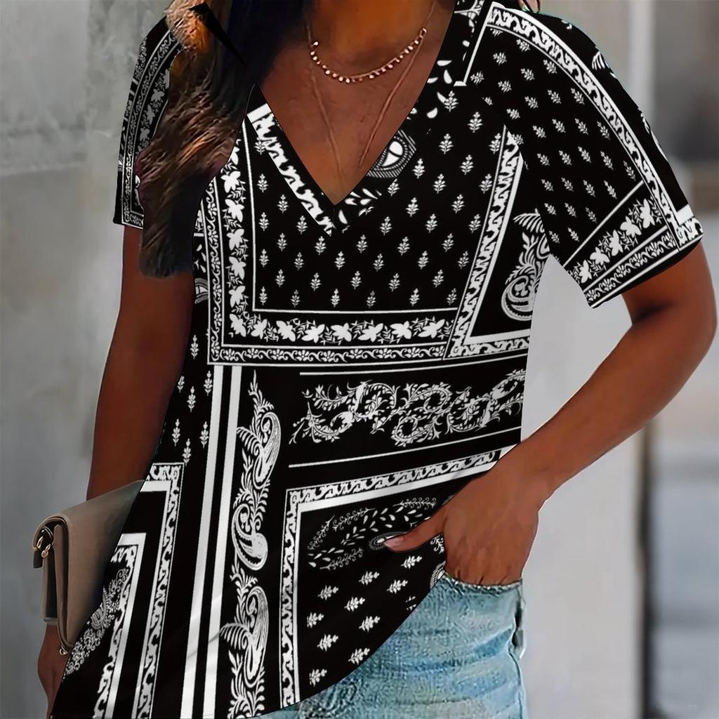 Women Paisley Print T Shirt V Neck Short Sleeve Loose Casual Summer Boho Floral Daily Tops