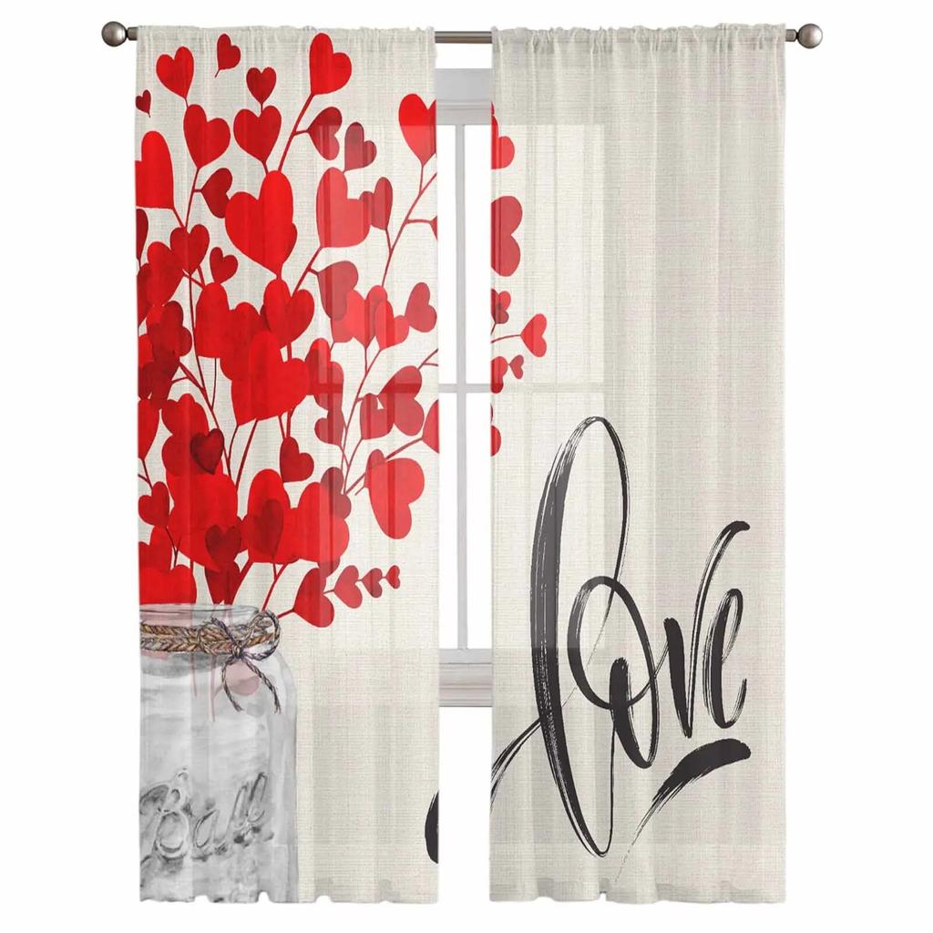 Valentinstag Liebe Blume Glas Flasche Gardinen für Wohnzimmer Küche Fenster Vorhänge Schlafzimmer Tüll Voile Vorhänge