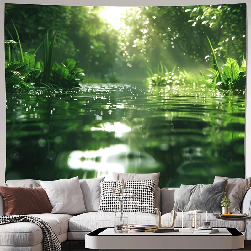 2D Sunlight Forest Lake Tapestry Calm Green Nature Water Reflection Wall Decor Cloth for Home & Bedroom 47.2x31.5inch/120*80cm
