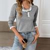 Women's Lace Trim Half Button Sweater Long Sleeve Crew Neck Ribbed Knit Tops Casual Loose Fit Pullover Sweaters