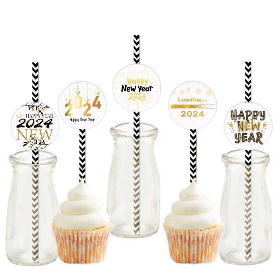 24Pcs Christmas Straw Snowman Elk Santa Hat Holiday Decoration Food Grade Plastic Xmas Disposable Drinking Straw Party Supplies