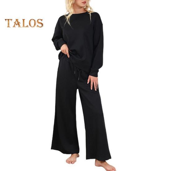 2 Teile/satz Frauen Top Hosen Anzug O Hals Lange Ärmel Einfarbig Sport Sweatshirt Kordelzug Elastische Taille Breite Bein Hosen Fitness Outfit Herbst Frühling