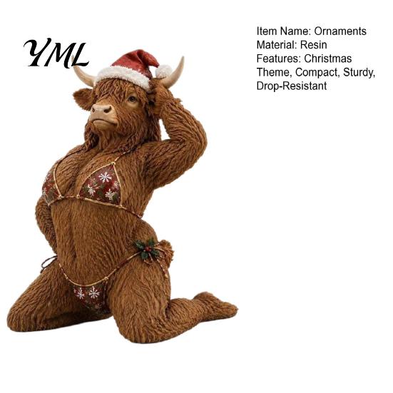 Festive Interior Decor Funny Christmas Highland Cow Figurine, Sexy Statue with Santa Hat Creative Resin Crafts & Xmas Bikini, Desktop Tabletop