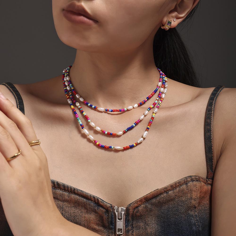 Bohemian Multi-Color Beaded Necklace with Glass Stones and Freshwater Pearls for Women