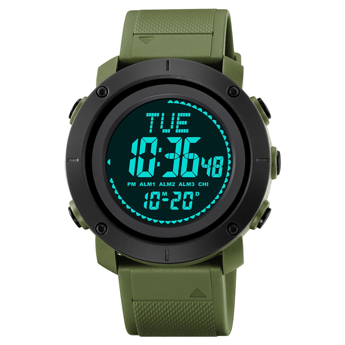 

Часы SKMEI для мужчин, 5 бар, водонепроницаемые, с датой 3, будильником, хронографом, обратным отсчетом, модные спортивные часы, цифровые часы, мужские повседневные часы армия зеленый
