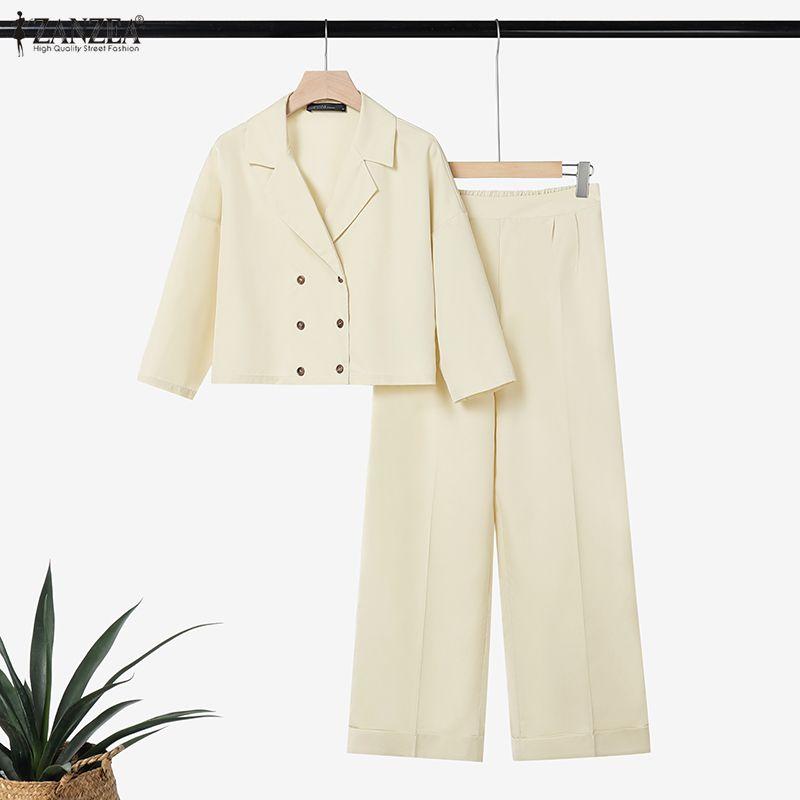 ZANZEA Womens 3/4 Sleeve Blouse and Pants Casual Two Piece Suit Sets