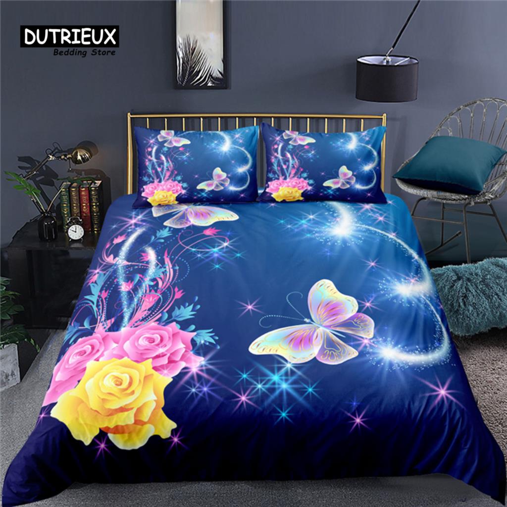 Luxury 3D Butterfly Flowers Print Home Living Comfortable Duvet Cover Set Pillowcase Bedding Set Queen and King EU/US/AU/UK Size