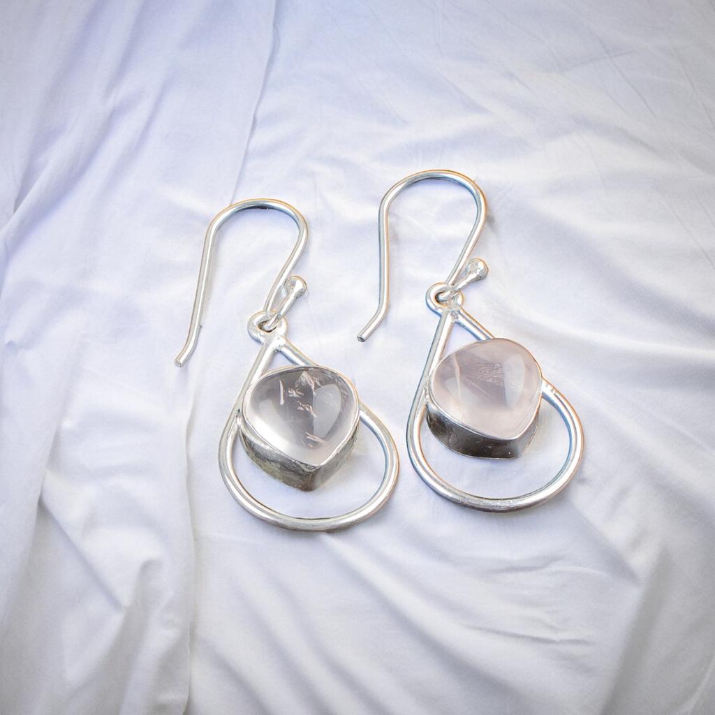 Natural Rose Quartz Gemstone 925 Sterling Silver Handmade Jewelry Earrings 1.50" EE-38-22