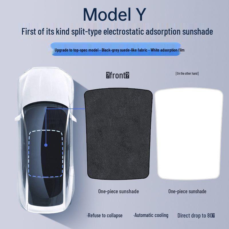 Tesla Model Y & 3 Sunroof Suede Sunshade: Electrostatic Adsorption Sun Protection & Heat Insulation