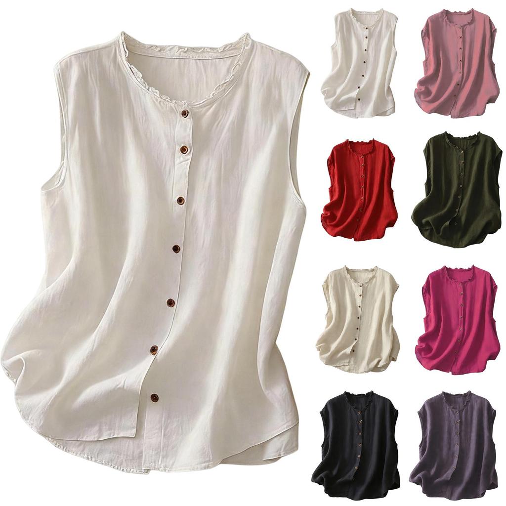 Women's Vintage Cotton And Linen Casual Loose Button-up Vest Top