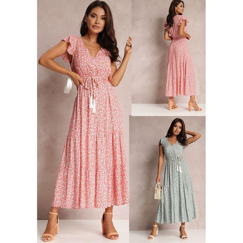 

V Neck Short Sleeve Amazon Elastic Waist Dress Red S