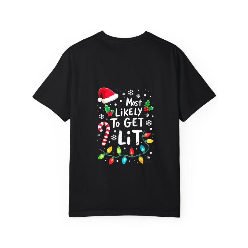 Christmas T-Shirt White Most Likely To Get Lit with Santa Hat Candy Cane and Christmas Lights Print for Holiday Party