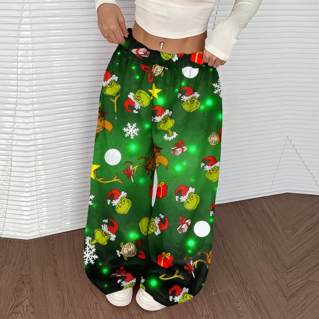 Women's Casual Christmas Print Elastic Waist Loose Fit With Plush Wide Leg Pants