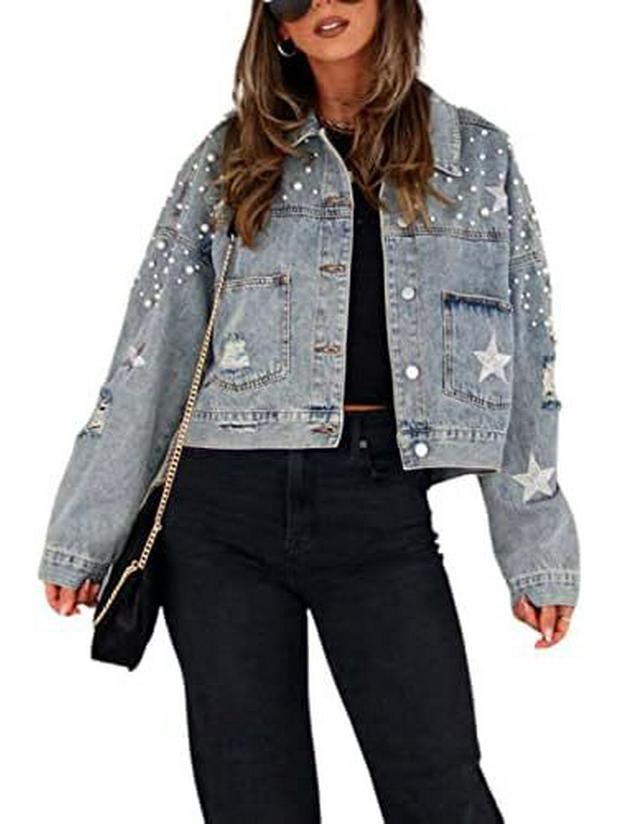 Женская модная европейско-американская джинсовая куртка с бусинами - Новый стиль 2025, свободный крой 2XL светло-синий