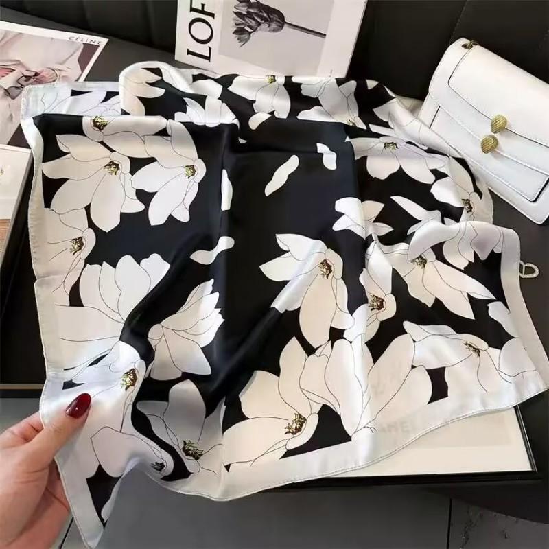 70x70cm Lightweight Cotton Silk Square Scarf With Boho Floral Print Breathable Neck Wrap Women