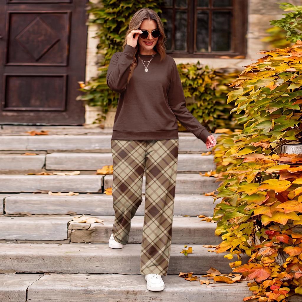 Women's Casual Loose Fit Color Round Neck Sweatshirt and Pants Set, 2 Piece Matching Outfit for Everyday Wear