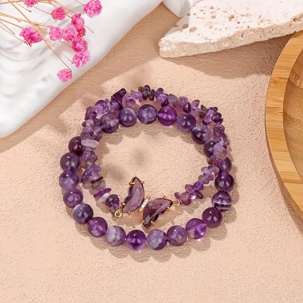 Festive Gifts Natural Chip Stone Beaded Bracelet Set With Butterfly Charms Delicate Fashion Jewelry For Women Daily Wear Simple Versatile Accessory