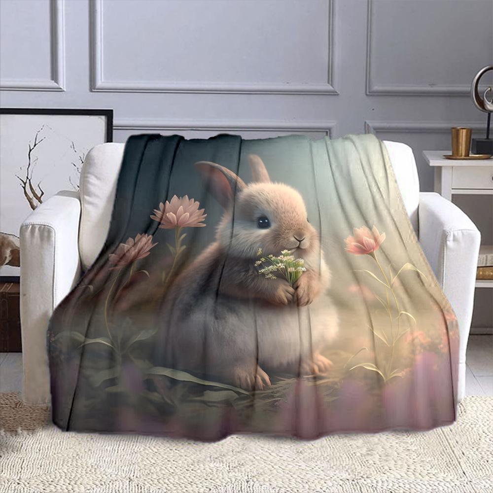 Cute Bunny Holding Flowers In Spring Patterned Flannel Blanket Perfect for the Bedroom Living Room, Sofa, or a Little Nap