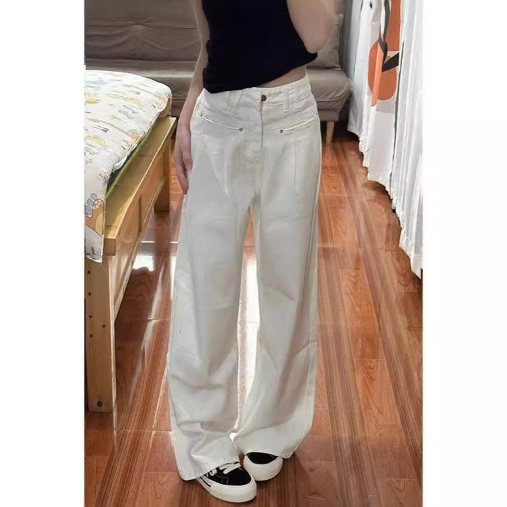 Women's High Rise Loose Fit Wide Leg Jeans Casual White Denim Pants With Wash