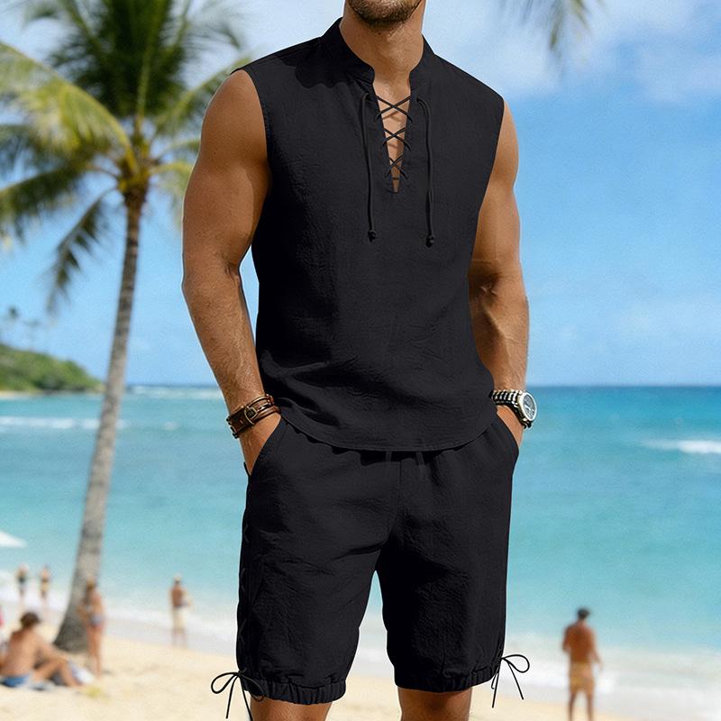 Men's Linen Plus Size Sleeveless Stand Collar Jogger Shorts Set with Drawstring