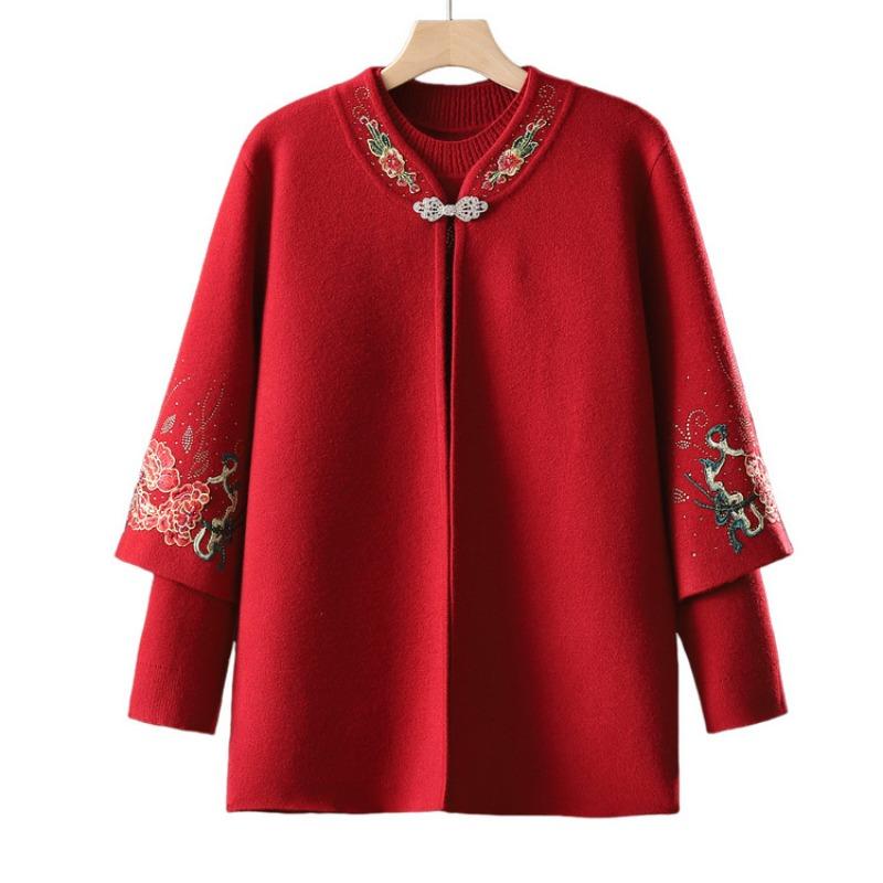 Mom's new knitted cardigan embroidered sweater jacket middle-aged lady spring and autumn top two-piece set