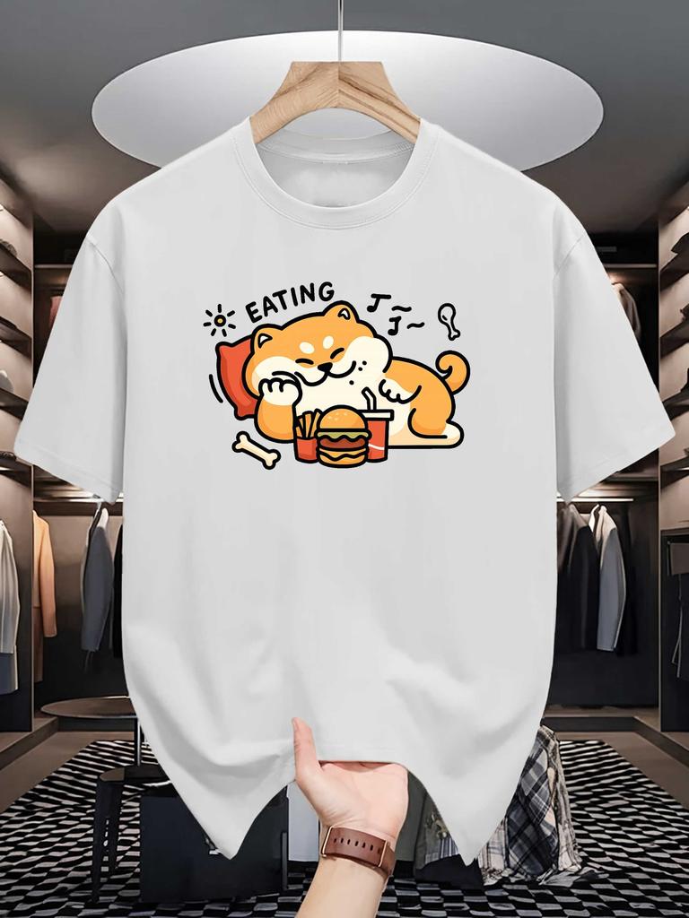 Unisex Crew Neck Tee Cute Shiba Inu Cartoon Food Graphic Print Soft Cotton Loose Breathable Short Sleeve Summer Casual Street Tops