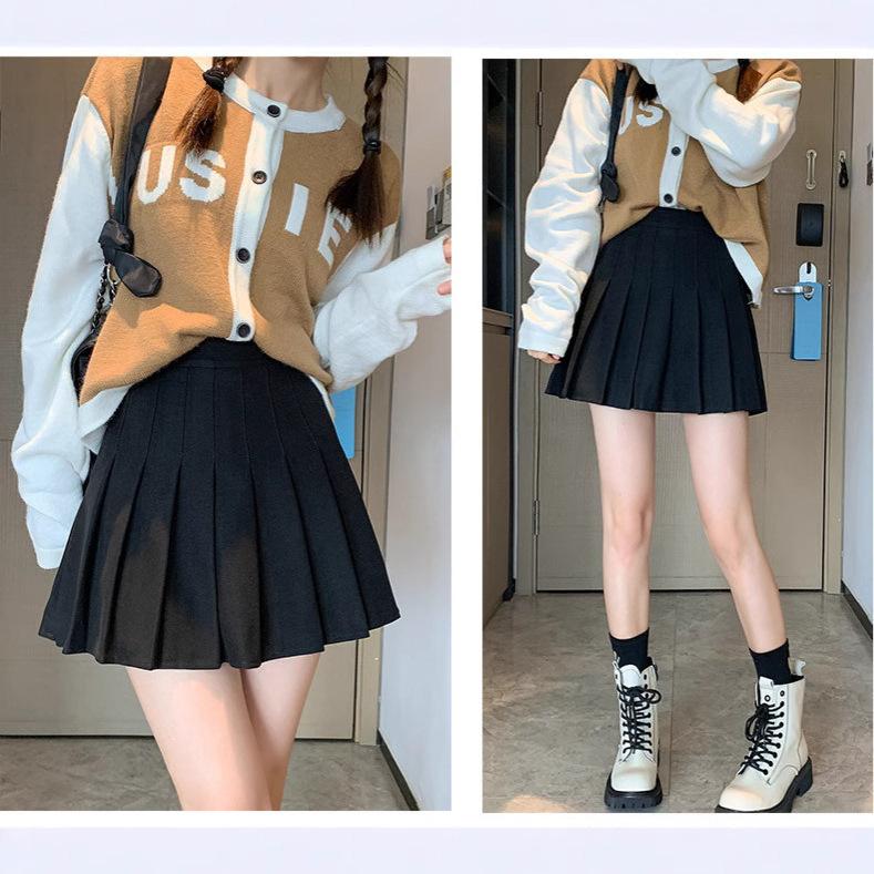 Women's High Waist Pleated Skirt A Line Slim Solid Color Preppy Mini Skirt Casual Skirt