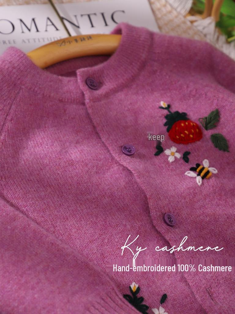 Girls' 100% Cashmere Purple Cardigan - Heavy Duty, Embroidered Knit Sweater for Spring & Autumn.
