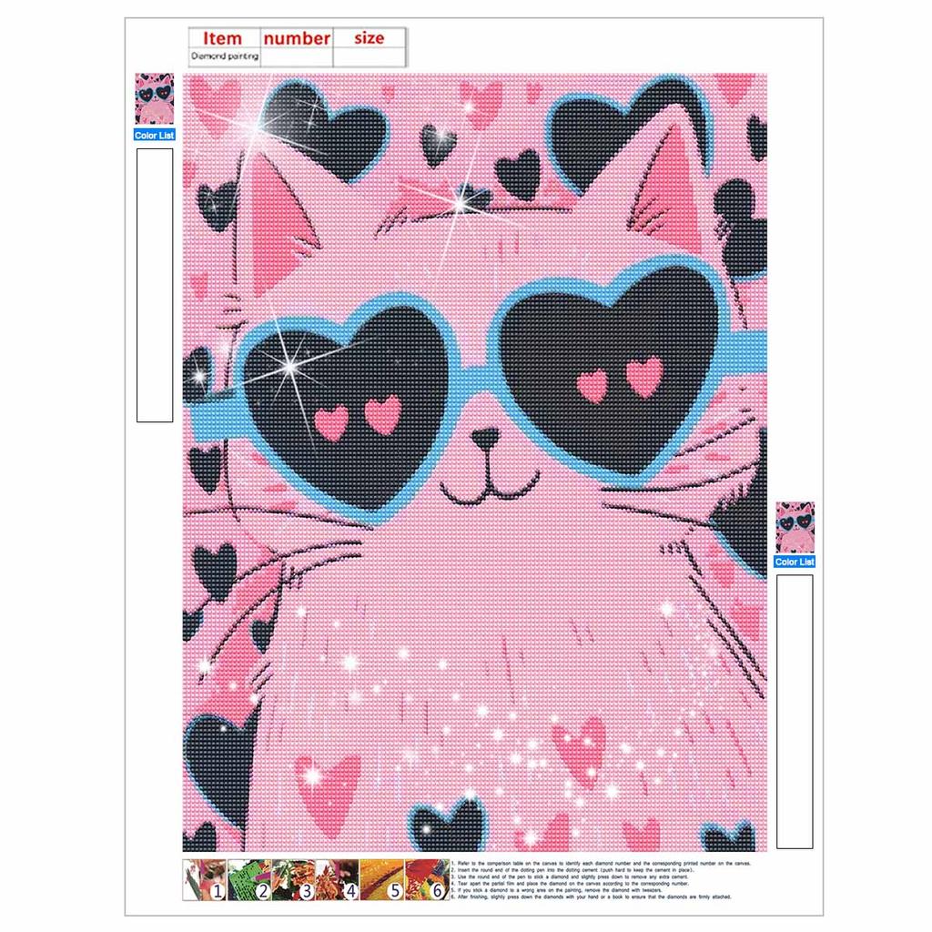 DIY 5D Diamond Painting Kit Pink Cat with Heart Glasses Full Drill Rhinestone Canvas Relaxing Craft for Home Wall Decor Gift and Art Project