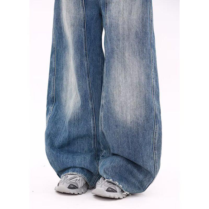 Women's Retro Blue High Waist Wide Leg Jeans - Spring Straight Floor-Length Trousers