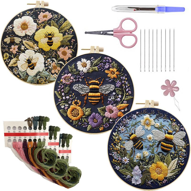 1pc Bee and Flower Pattern Embroidery DIY Fabric Craft Kit with Tools