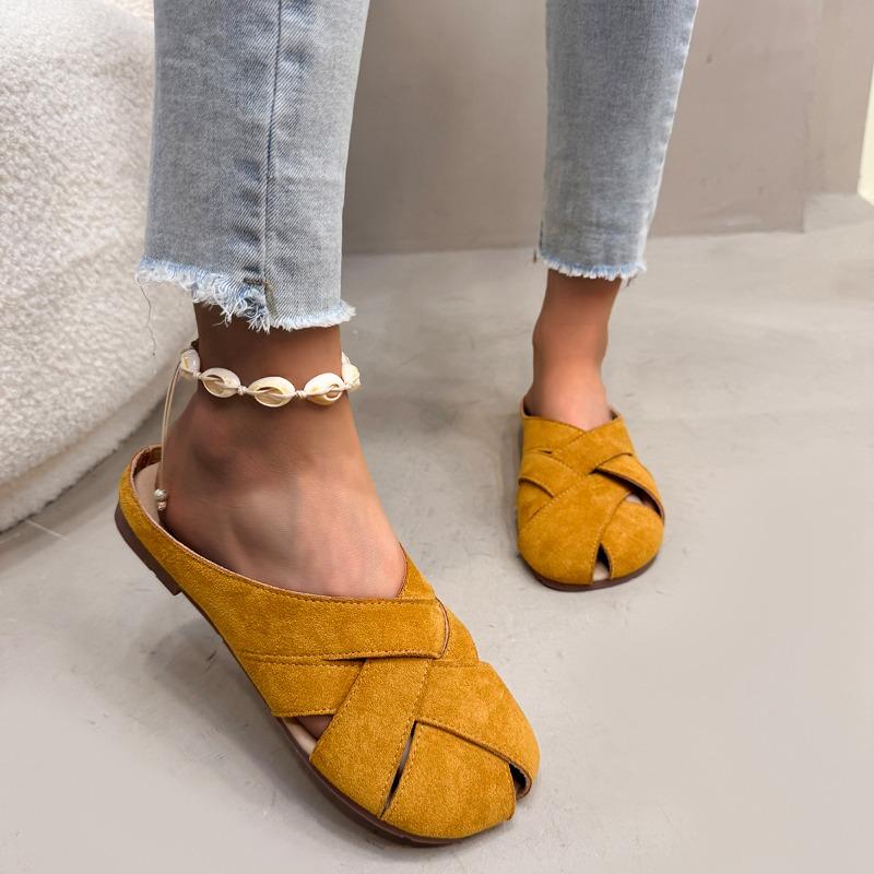 Fashion Size 43 Low Heels Indoor/outdoor Slippers Summer Round Head Broadband Crossover Design Comfor Walking Mules Shoes
