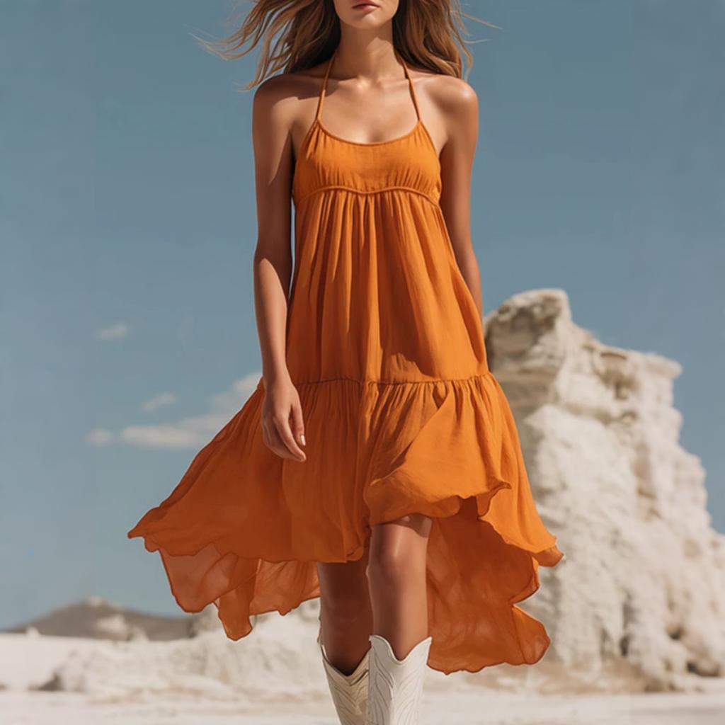 Women’s Fashion Vacation Ruffle Hem Asymmetrical Hem Spaghetti Strap Dress Flowy Sleeveless Sundress for Casual Beach Wear