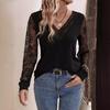 Elegant Lace Lace V-neck Splicing Loose Long-sleeved Solid Color T-shirt Skinny Tops Versatile Closet Essential Fashion Items Shirt