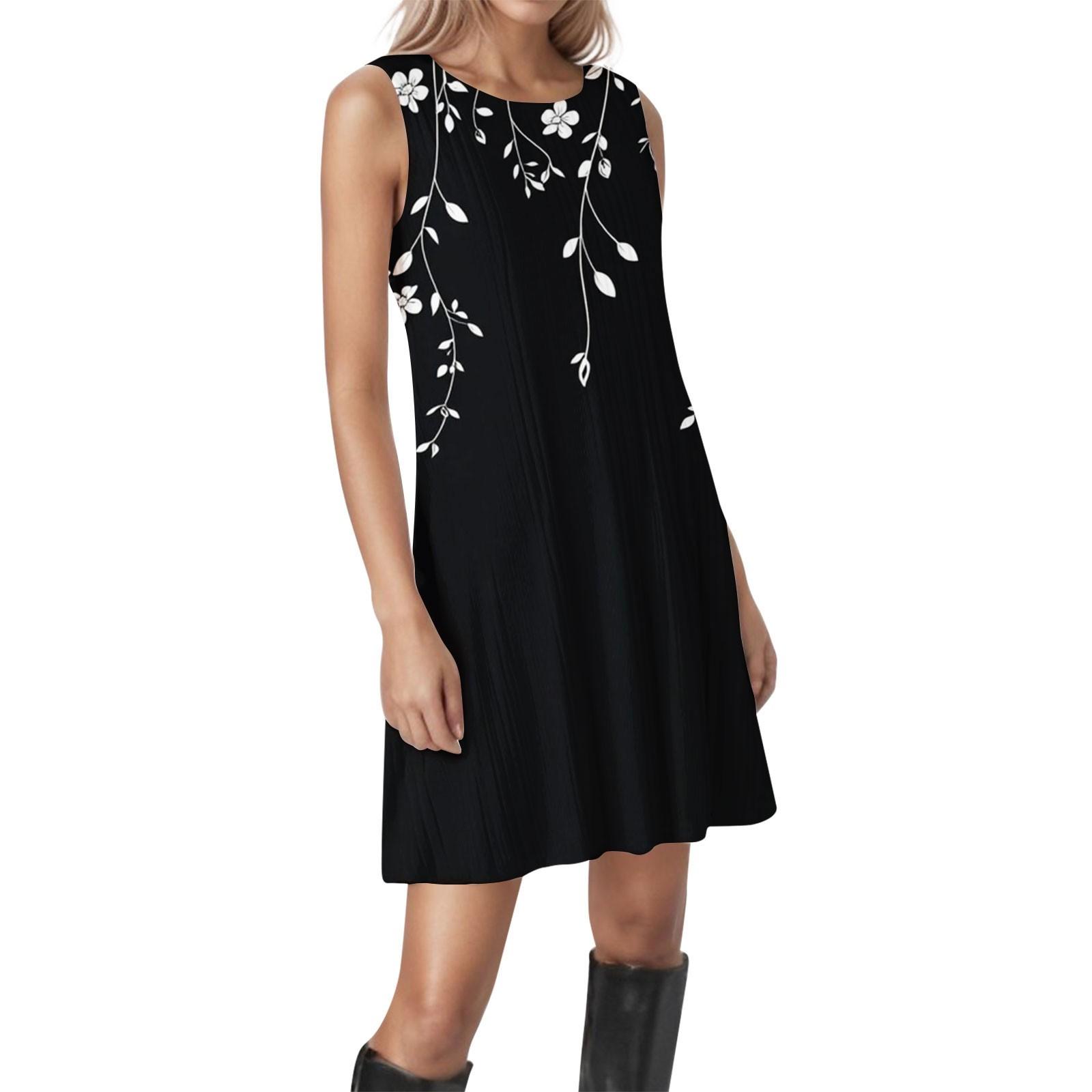 Women s Vintage Floral Round Neck Sleeveless Textured Casual Dresses XXL чёрный