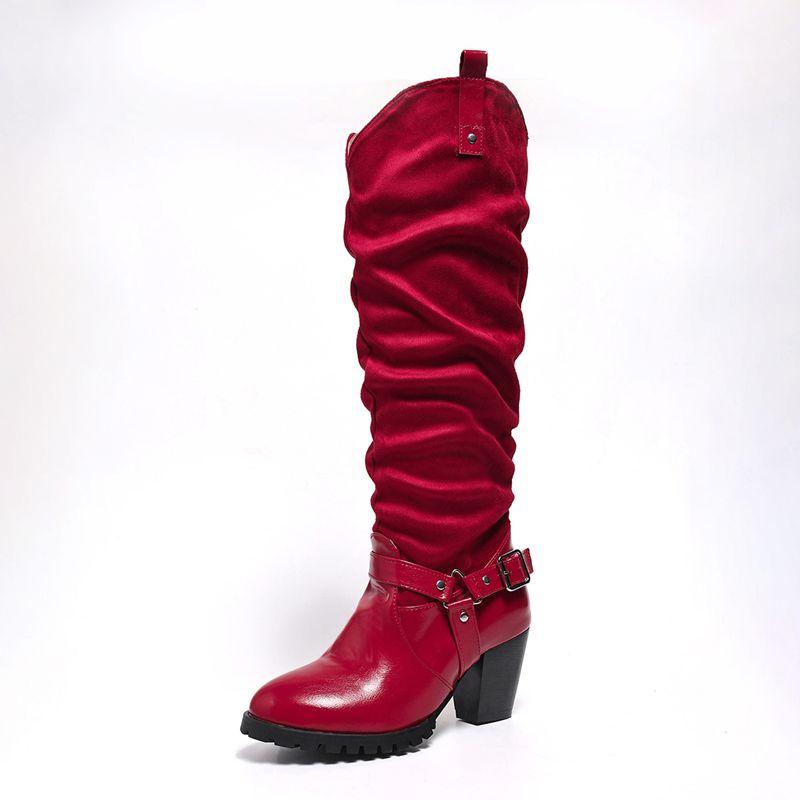 2025 Shiny Female Knee High Boots Round Toe Block Heels 6.5cm Slip On Flock Suede 45 46 47 48 Fashion Riding Booties