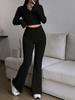 Fashion Solid Stitch Two-Piece Set with Zipper Long Sleeve Crop Top and High Waist Wide Leg Pants Women Casual Outfit