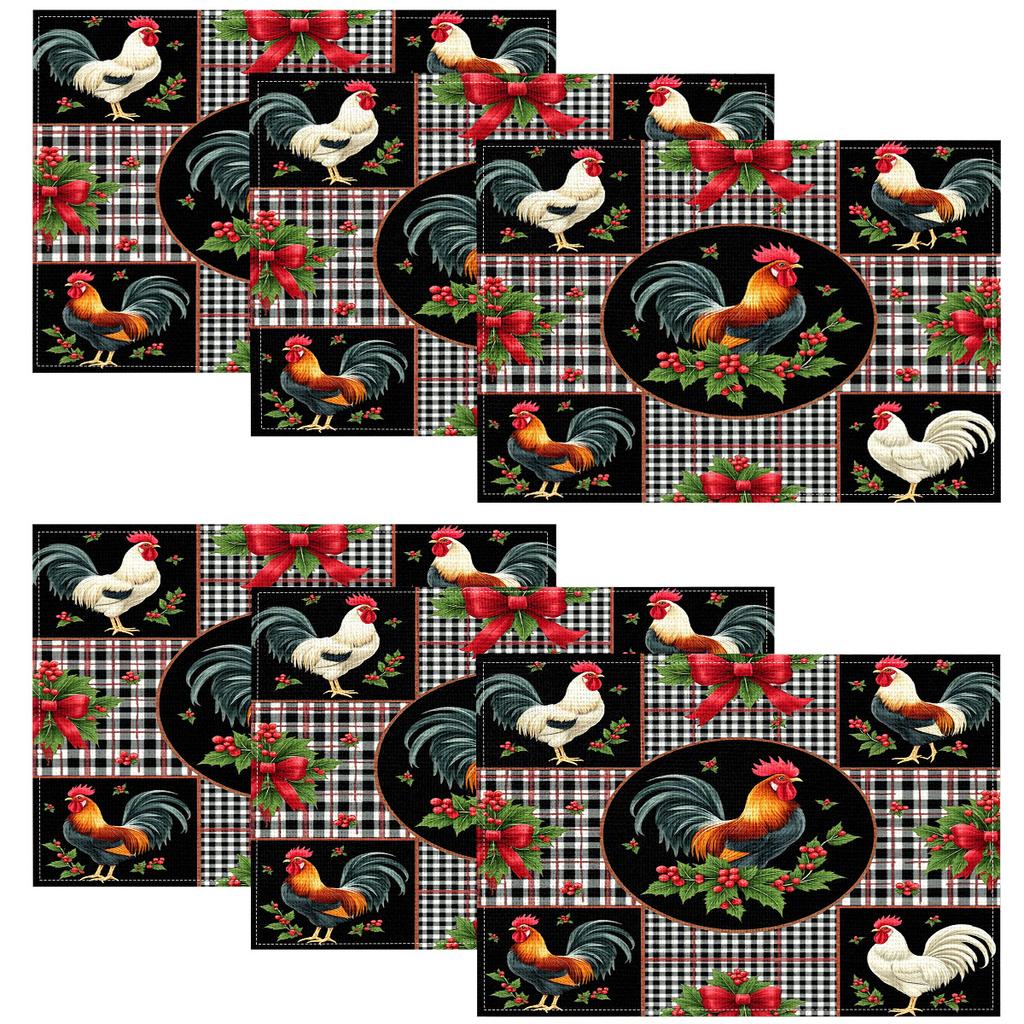 4pcs/6pcs Autumn Elements Thanksgiving Halloween Decorative Linen Placemats, Featuring a 2D Flat Pattern Print with Rooster Red Berries. Gorgeous And
