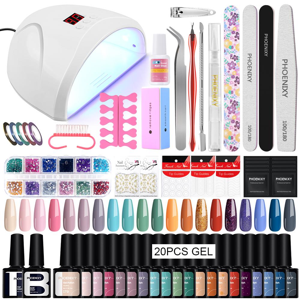 PHOENIXY 20 Colors & Base Top Coat Set Gel Nail Polish Kit with 36W LED Light Gel Varnish UV LED Nail Lamp Manicure Tools Popular Nail Art Designs