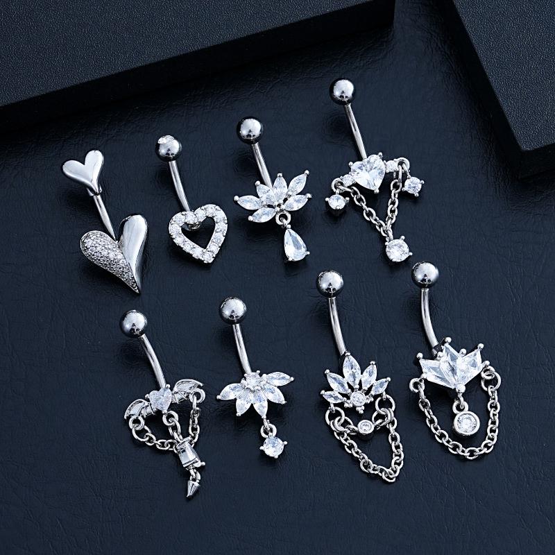 Zircon Heart Belly Button Ring For Women Girls Body Piercing Stainless Steel Navel Ring Beach Jewelry